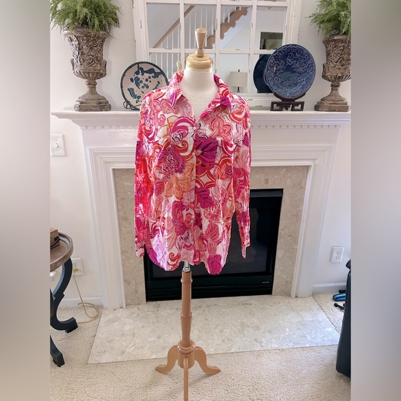 Chico's Pink Graphic Long Sleeve Button Down Shirt - Picture 1 of 6